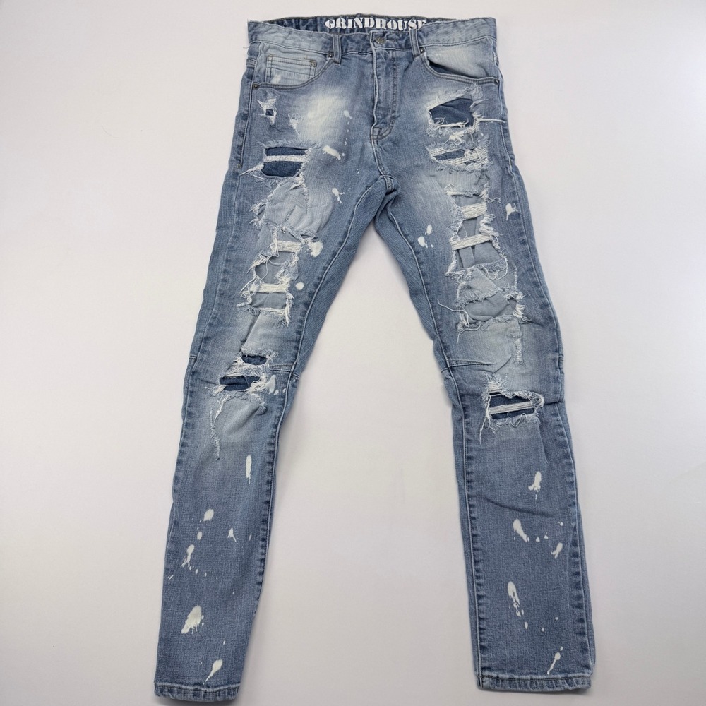 Grindhouse Denim Mens 32 Distressed Light Wash Paint Splatter Skinny Jeans